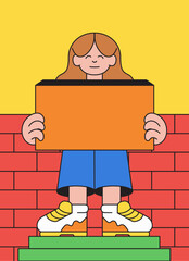 Cheerful girl holding a blank space sign ideal for promotional and marketing in cartoon hand drawn vector illustration