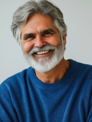 Grey-haired man with beard smiling at camera