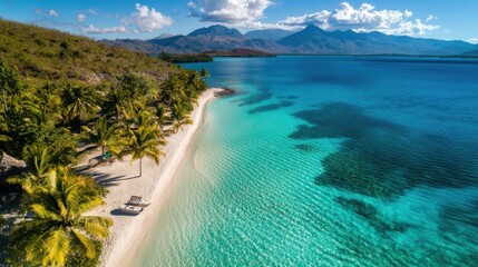 Breathtaking Tropical Beach Overlooking Turquoise Ocean and Palm Trees