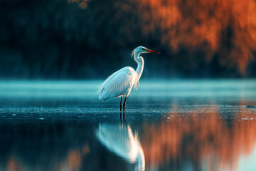 Naklejka premium The image depicts a white heron standing in calm water, with the reflection of the bird visible in the water