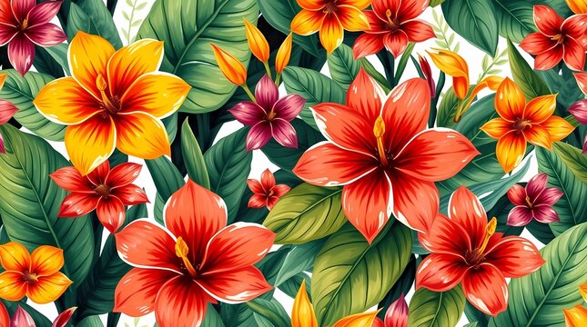 A painted seamless pattern of bold tropical flowers and lush foliage, rendered in a vibrant impasto style with thick layers of paint, exhibiting a lively and energetic aesthetic, showc.
