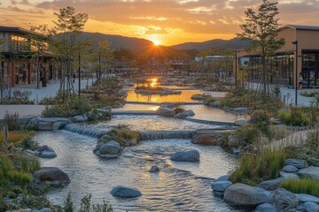 Sunset over tranquil water feature in a landscaped town square. Ideal for travel brochures.