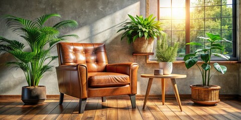 Serene living room: cozy armchair, wooden table, lush plant.  Relax and unwind.