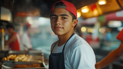 Undocumented immigrant Latino teenage boy wearing an apron and backwards red baseball cap smiling while working in a restaurant kitchen.