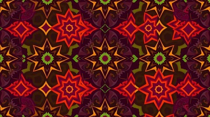 A repeating geometric pattern in vibrant jewel tones, featuring intricate arabesque designs, rendered in a detailed vector art style, for textile design.