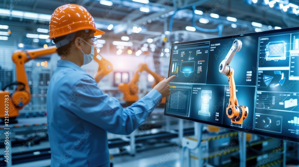 Poster a man is pointing at a robot on a computer screen. the robot is orange and has two screens. the man 