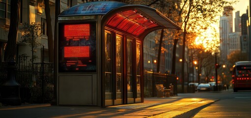 Naklejka premium A solar-powered bus stop in a modern city features a roof of solar panels powering digital displays and lighting. Located in a busy urban area, it exemplifies green, energy-efficient public transport 