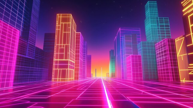 Colorful retro video game 1980's gridline cityscape if buildings made of vector boxes - Powered by Adobe