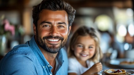 Fototapeta premium Happy father and daughter smiling at cafe.