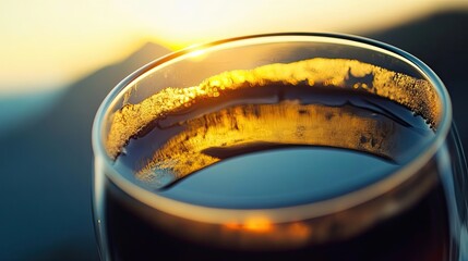 Sunset Reflected In A Glass Of Dark Liquid