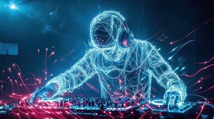EDM DJ with Cybernetic helmet and headphones with blue glowing wires connecting his neurons directly to the mixers and synthesizers below. Glowing and pulsing lights background.