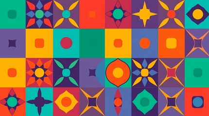 A retro seamless pattern composed of bold geometric shapes and vibrant colors, reminiscent of 1970s design, using a repeating square layout to create a fun and dynamic visual appeal.
