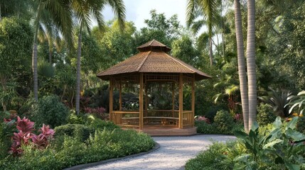 Naklejka premium Serene Bamboo Gazebo in a Lush Tropical Garden