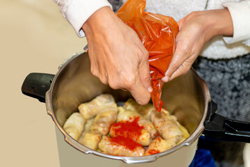 Woman's  hands cooking traditional dish and adding seasoning in a freeze motion. A preparing a delicious meal.