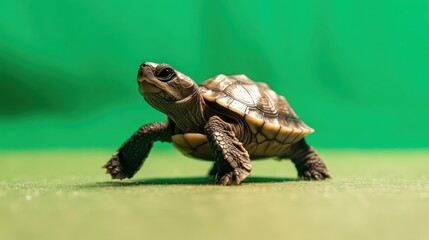 A brown and beige turtle walks on a green surface with a green background showcasing its shell