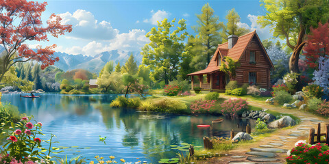 Fototapeta premium Village scenery with clear water and lush trees and flowers, version 23