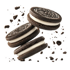 Delicious chocolate cookies with cream filling, isolated on a transparent PNG background. Perfect for dessert designs, food packaging, advertisements, and bakery-themed projects.