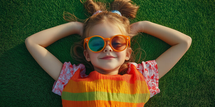 Playful girl relaxing in sunshine outdoor park lifestyle photography bright green grass eye-level perspective joyful childhood moments