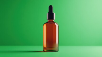 Amber glass dropper bottle with a black cap on green background minimal studio product shot