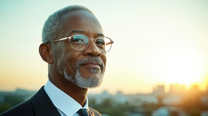 Confident Senior Executive: Portrait of a successful and sophisticated senior executive, showcasing his calm confidence and wisdom against a backdrop of a cityscape at sunset. 