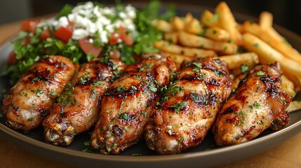 Grilled chicken wings, fries, salad. Delicious meal. Food photography