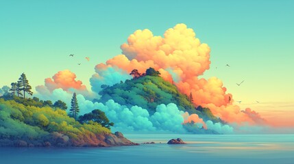 Fototapeta premium Island sunrise, coastal cloudscape, tranquil scene, idyllic nature, travel poster
