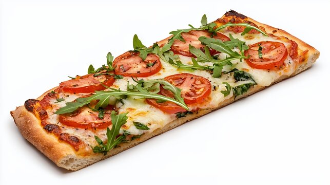 Delicious rectangular pizza topped with fresh tomatoes and arugula