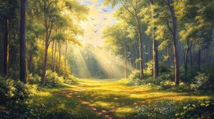 Sunlit Forest Path: A Serene Woodland Scene