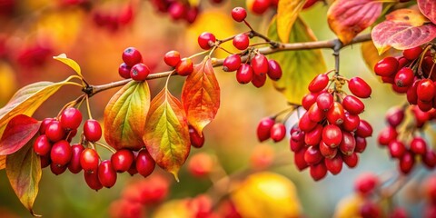 Vibrant red cornus berries adorn a branch, showcasing autumn's fiery hues in a nature photograph.
