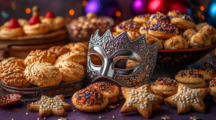 Festive cookies and silver mask on dark background.