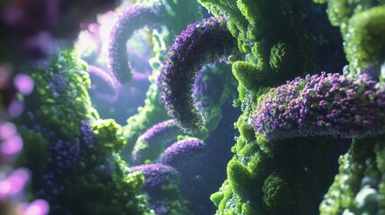 Obraz premium Abstract 3D render of vibrant purple and green coral-like structures. Ideal for science fiction, fantasy, or nature themes, evokes mystery and alien beauty.