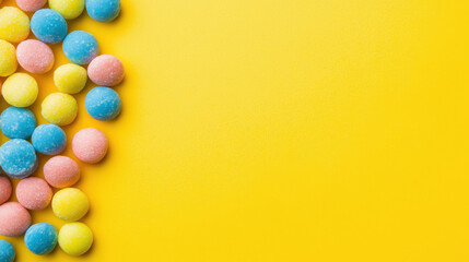 Obraz premium Colorful candy-coated treats scattered on a bright yellow background, creating a cheerful and vibrant visual.