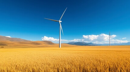 Expansive golden wheat field under a clear blue sky with wind turbines in the background