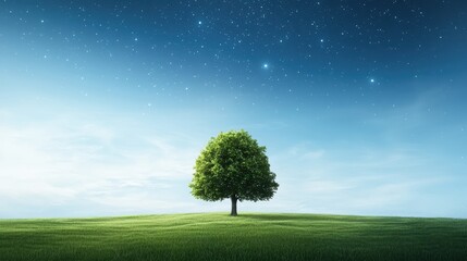 A solitary tree stands on a green hill under a starry sky, creating a serene and tranquil landscape.