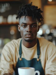Stylish Barista Sitting at Cafe Counter
