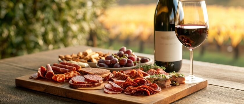 A beautifully arranged charcuterie board with cured meats, cheese, grapes, and a glass of red wine, set against a scenic vineyard backdrop.