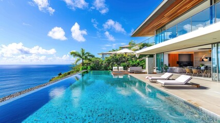 Fototapeta premium Modern House Exterior with swimming pool and sea view, AI generated image