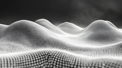 Abstract black and white dotted background with wavy elements, low-poly futuristic landscape with flowing particle waves, high-resolution digital design.