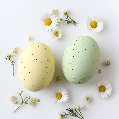 Pastel Easter eggs and daisies. Springtime celebration decorations.