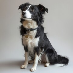 Black and White Border Collie Sitting on Plain White Background