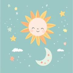 Cheerful Minimalist Cartoon of Sun and Moon