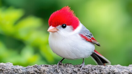 Red-crested Cardinal perched on branch, vibrant green background, wildlife photography, nature