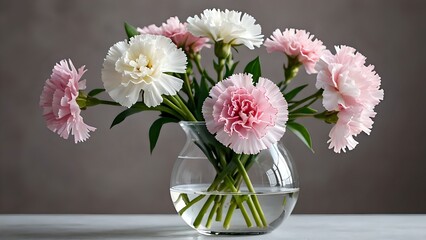 Glass vase with pink carnations on a minimalist gray background in soft natural lighting.