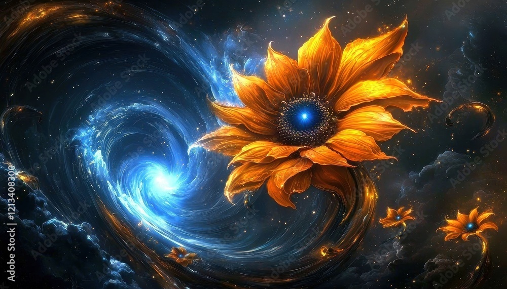 Wall mural an imaginative portrayal of a flower shaped by galactic phenomena.