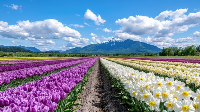 Spring tulip and daffodil field, mountain backdrop, sunny day, vibrant colors, nature scene, postcard