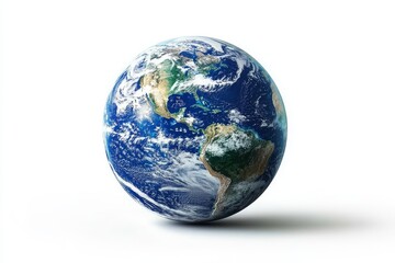 Fototapeta premium Realistic Earth with blue and green tones centered on a white background, no shadows or reflections.