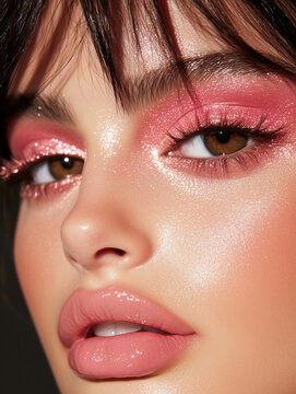 close up portrait of woman with pink glitter eyeshadow lashes pretty festive 