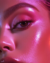 close up of a woman face with brown eye with glamour make up in pink light and glittering highlighter