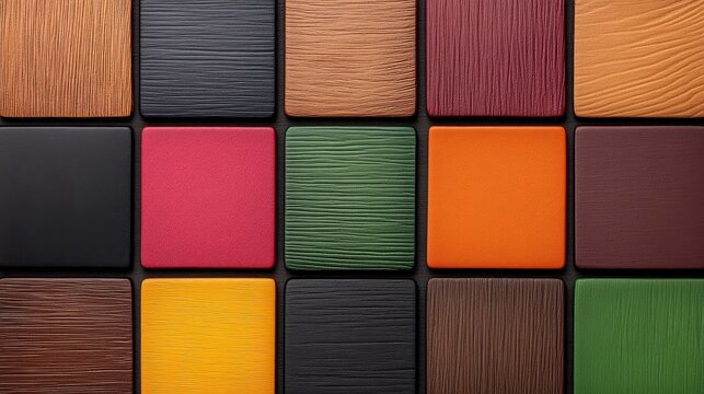 Color Palette Inspiration: A vibrant collection of painted wood samples, arranged in a grid showcasing a diverse range of colors and textures. Perfect for designers seeking fresh inspiration. 