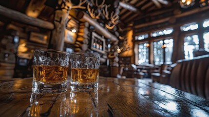 Two Glasses of Whiskey in Rustic Cabin Setting